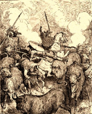 Gustave Doré Don Quijote se enfrenta a una punta de ganado de bravío.jpg