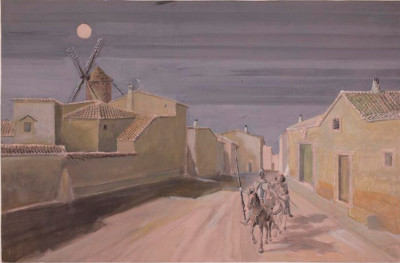Sánchez Alberto. 'Don Quijote y Sancho Panza en la calle en La Mancha', dibujo, 1957. M Pushkin.jpg