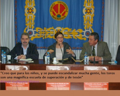 Araceli Guillaume Alonso con Francis Wolff y Fernando Cuadri Frase Niños en los toros.jpg